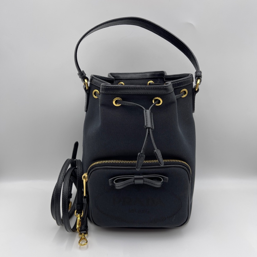 Prada 2Way Bucket Bag Black Gold Nero Pouch Jacquard Canvas Leather Handbag